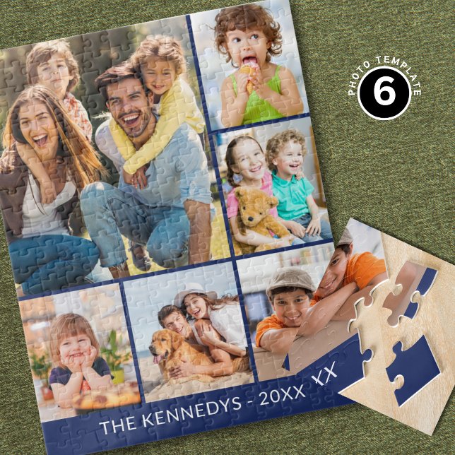 Custom 6 Photo Collage Family Name Minimalist Blue Jigsaw Puzzle (Creator Uploaded)