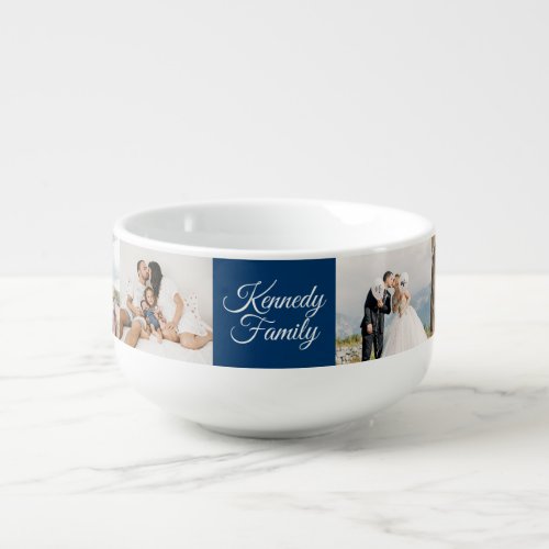 Custom 6 Photo Collage  Family Name navy Soup Mug