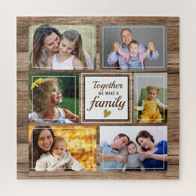 Custom 6 Photo Collage Family Quote Rustic Wood Jigsaw Puzzle (Vertical)