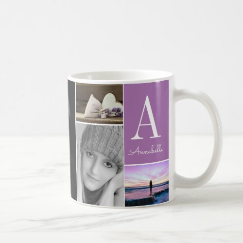 Custom 6 Photo Collage Monogram Lavender Purple Coffee Mug