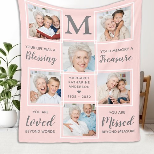 Custom 6 Photo Collage Pink In Loving Memory Fleece Blanket