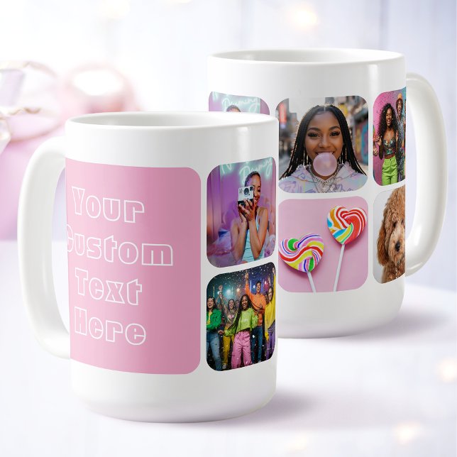 Custom 6 Photo Modern Retro Pink Besties  Coffee Mug (Creator Uploaded)