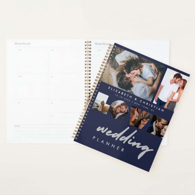 Custom 6 Photos Navy Blue Love Script Wedding Planner (Display)