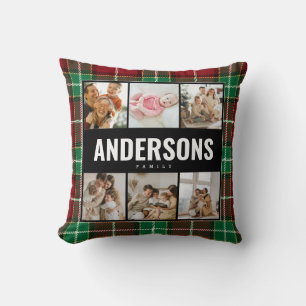 Custom 6Photo Christmas Tartan Plaid Family Name  Throw Pillow