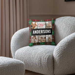 Custom 6Photo Christmas Tartan Plaid Family Name  Throw Pillow