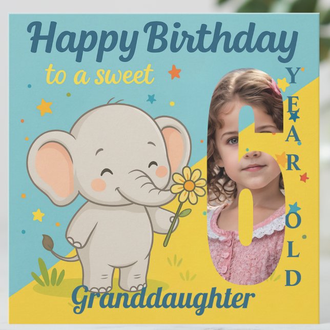 Custom 6th Birthday Elephant Sweet Your Photo Card (Creator Uploaded)
