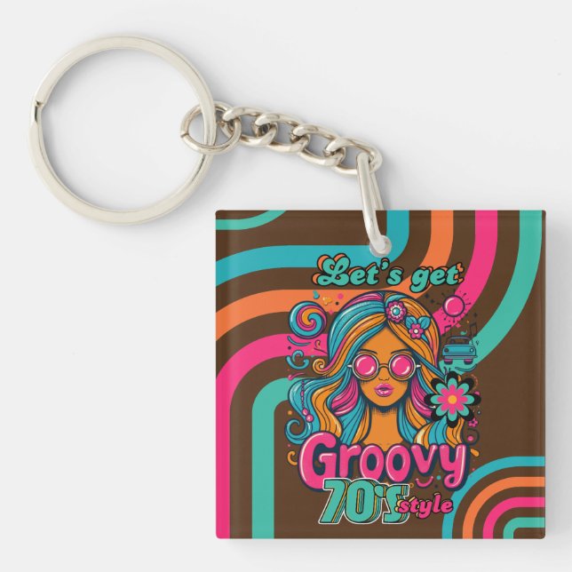 Custom 70's Retro Disco Birthday Boogie Groovy  Keychain (Front)