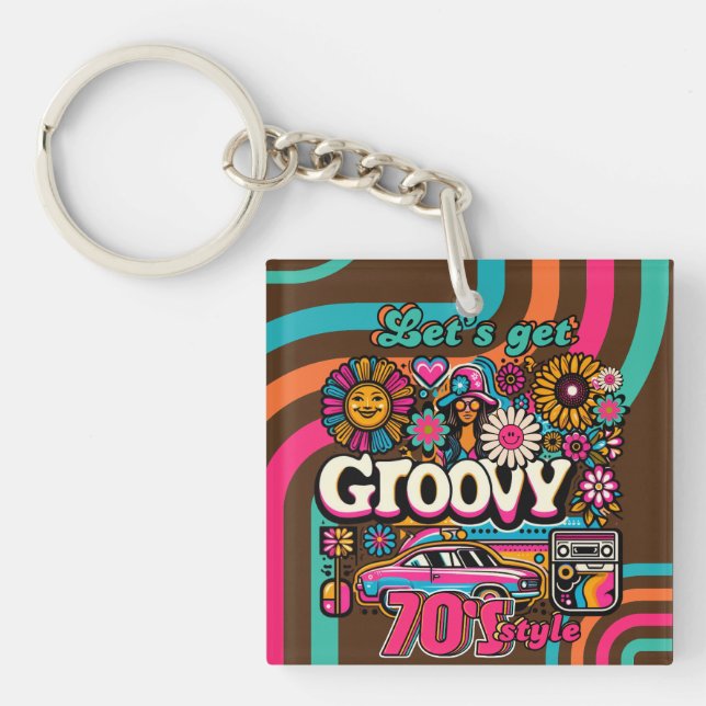 Custom 70's Retro Disco Birthday Boogie Groovy  Keychain (Front)