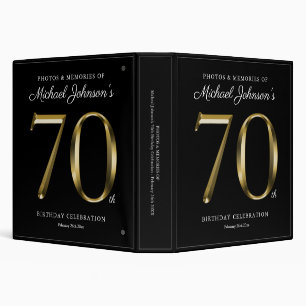 Custom 70th Birthday Black Elegant Solid Gold Text 3 Ring Binder
