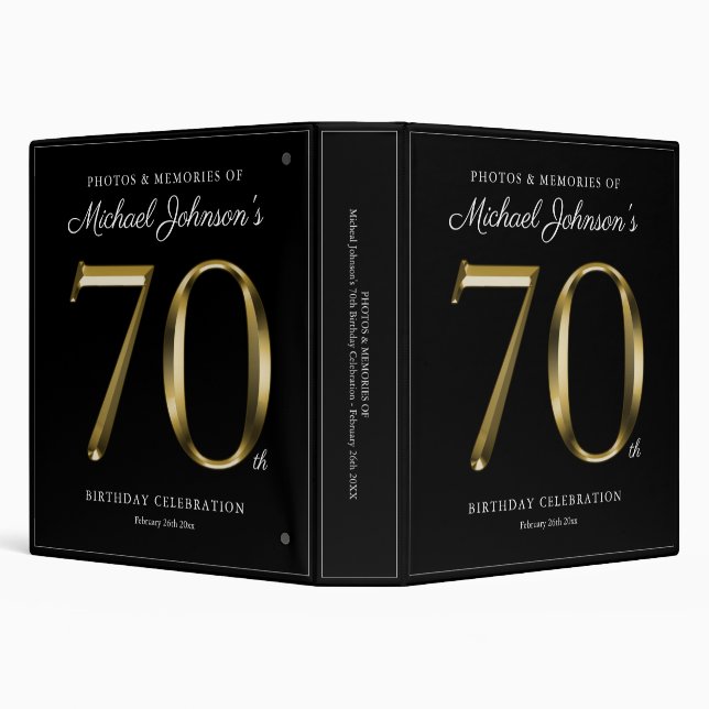 Custom 70th Birthday Black Elegant Solid Gold Text 3 Ring Binder (Background)
