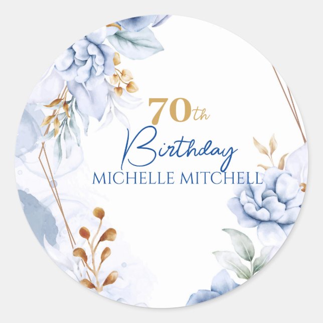 Custom 70th Birthday Blue Gold                   Classic Round Sticker (Front)