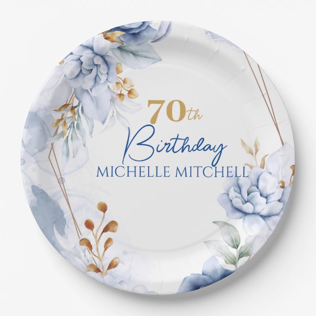 Custom 70th Birthday Blue Gold                   Paper Plates (Front)