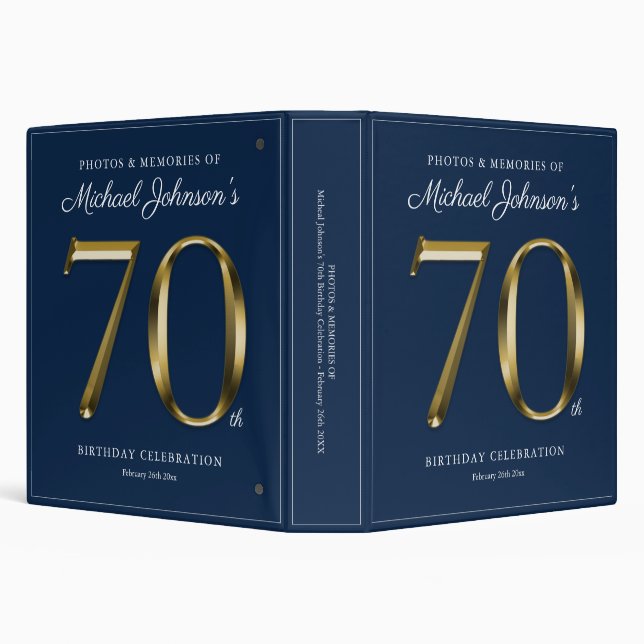 Custom 70th Birthday Navy Blue Elegant Gold Text 3 Ring Binder (Background)