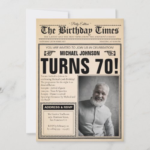 Custom 70th Birthday Party Old Newspaper Fun Photo Invitation