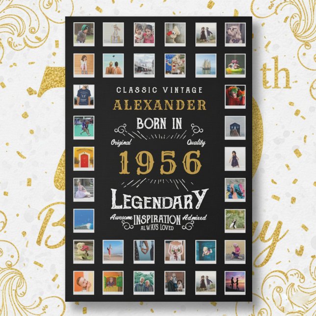 Custom 70th Birthday Photo Collage Family Memories Faux Canvas Print (1956 photo grid faux canvas on a white and gold background)
