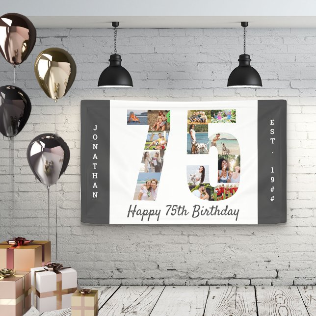 Custom 75th Birthday Party Neutral Photo Collage Banner (Creator Uploaded)
