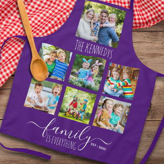Custom 7 Photo Collage Family Name Quote Purple Apron