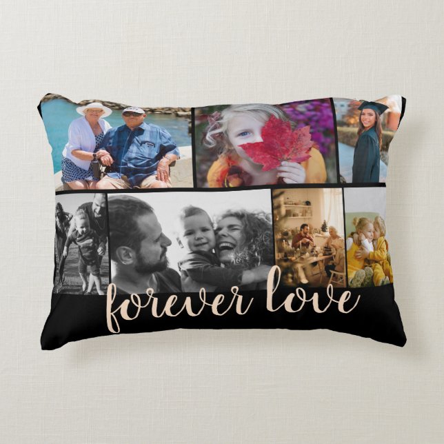 Custom 7 Photo Collage Forever Love Black Accent Pillow (Front)
