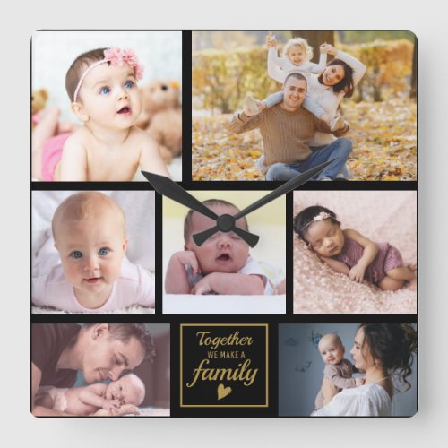 Custom 7 Photo Collage Gold Family Quote Black Square Wall Clock