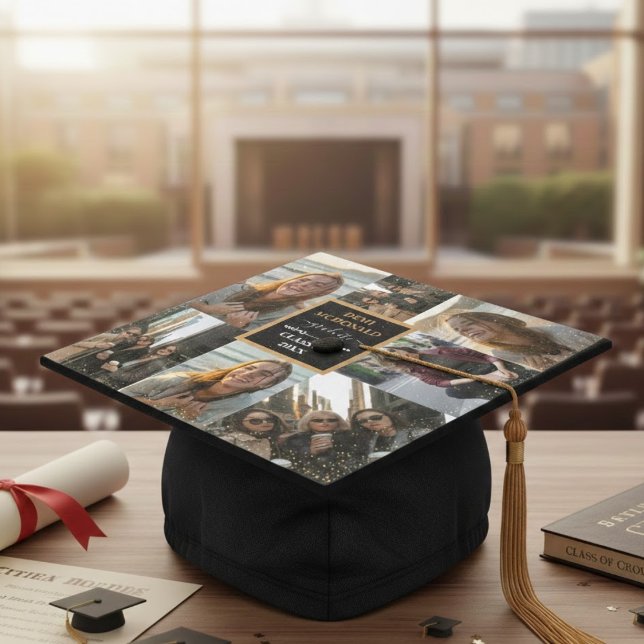 Custom 7 Photo Collage Grid Gold Graduate Grad Graduation Cap Topper (Creator Uploaded)