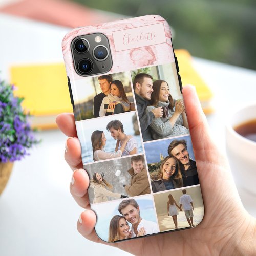 Custom 7 Photo Collage on Pink Marble iPhone 11 Pro Max Case