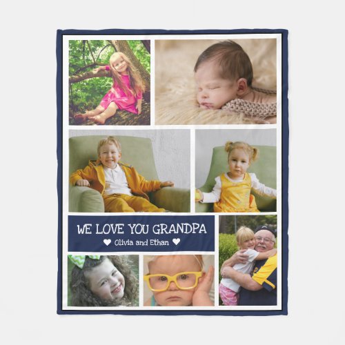 Custom 7 Photo Collage We Love You Grandpa Blue  Fleece Blanket