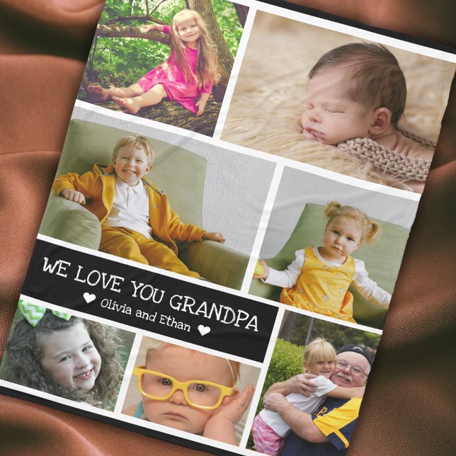 Custom 7 Photo Collage We Love You Grandpa Fleece Blanket (Custom 7 Photo Collage We Love You Grandpa Fleece Blanket - Grandpa gift for birthday and Christmas)