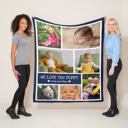 Custom 7 Photo Collage We Love You Poppy Blue Fleece Blanket