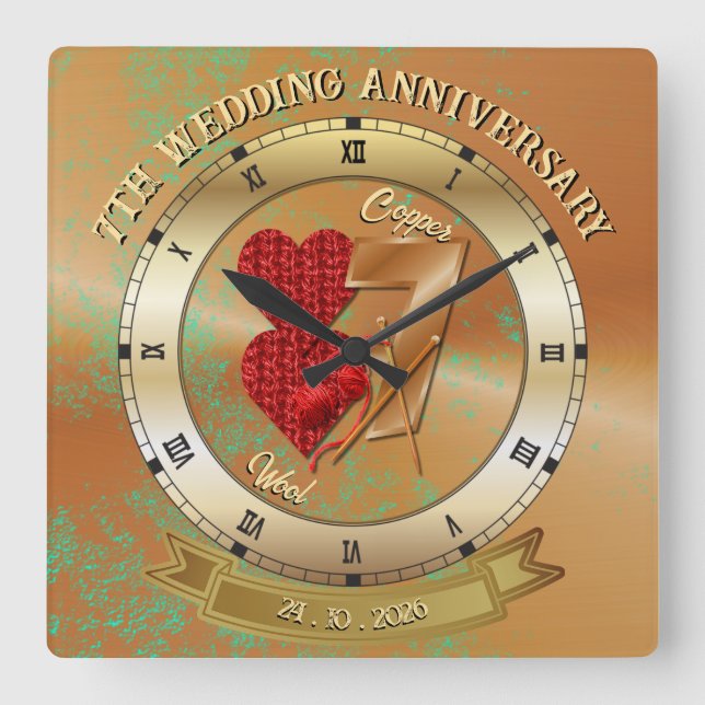 Custom 7th Year Copper Wedding Anniversary Gift  Square Wall Clock (Front)