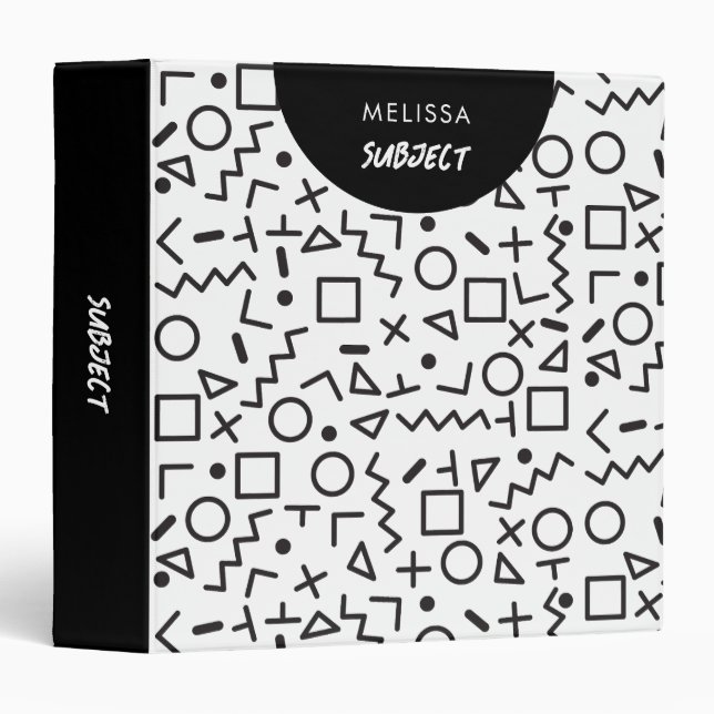 Custom 80's 90's Black White Retro Shapes School 3 Ring Binder (Front/Spine)