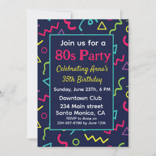 Custom 80s 90s Retro Neon Birthday Party  Invitation