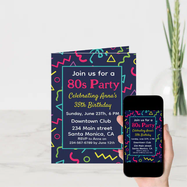 Custom 80s 90s Retro Neon Birthday Party Invitation | Zazzle