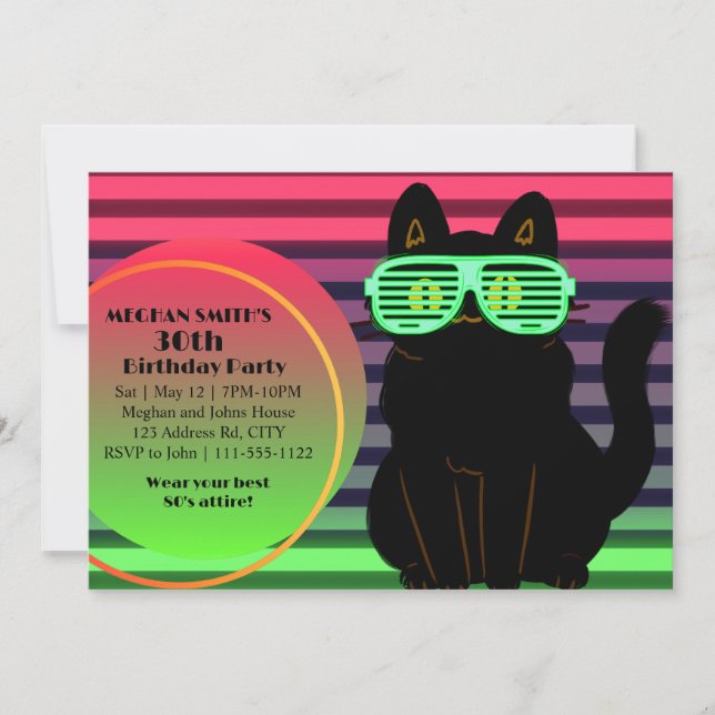 Custom 80's Neon Blast Cool Cat Throwback Party Invitation (Front)