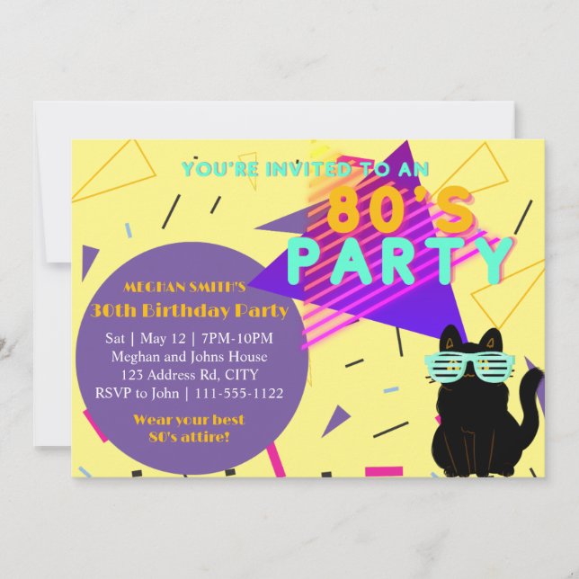 Custom 80's Retro Black Cool Cat Throwback Party Invitation (Front)