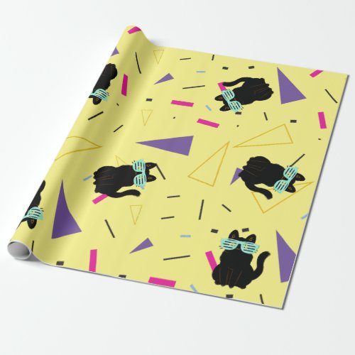 Custom 80s Retro Black Cool Cat Throwback  Wrapping Paper
