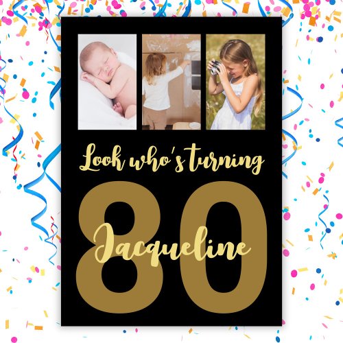 Custom 80th Birthday Black and Gold Photo Collage Invitation