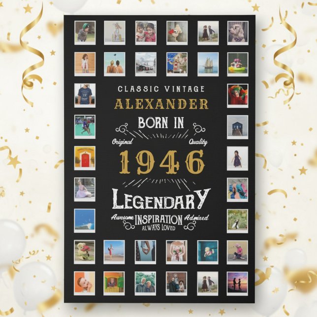Custom 80th Birthday Photo Collage Family Memories Faux Canvas Print (80th birthday photo grid faux canvas with a white and gold background.)