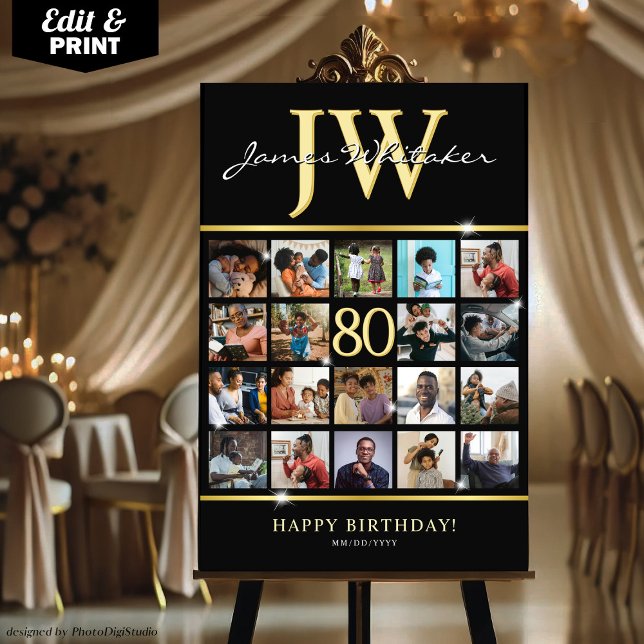 Custom 80th Birthday Photo Collage with Initials  Foam Board (Custom 80th Birthday Photo Collage with Initials Foam Board)