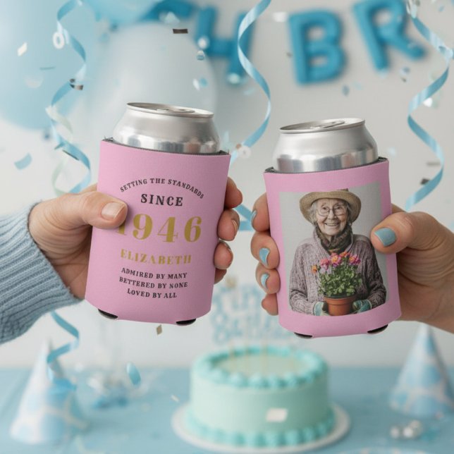 Custom 80th Birthday Pink Gold With Photo Can Cooler (80th birthday pink can cooler showing front and rear)