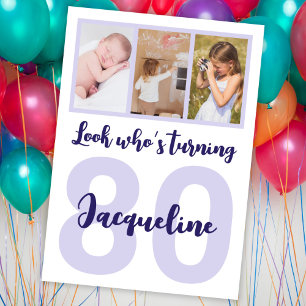 Custom 80th Birthday Purple Script Photo Collage Invitation