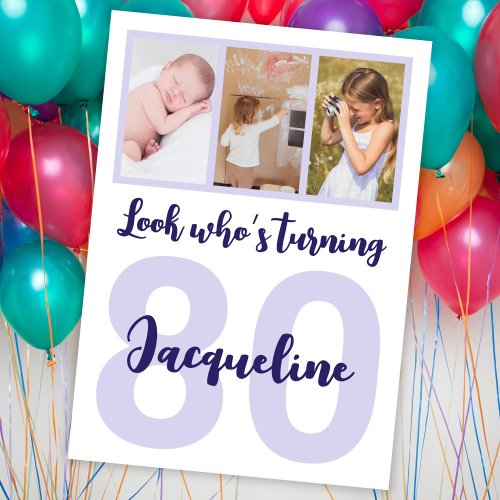 Custom 80th Birthday Purple Script Photo Collage Invitation