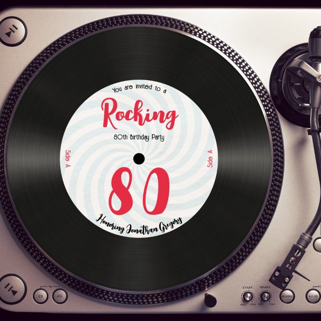 Custom 80th Birthday Retro Music Record Rocking  Invitation (Creator Uploaded)