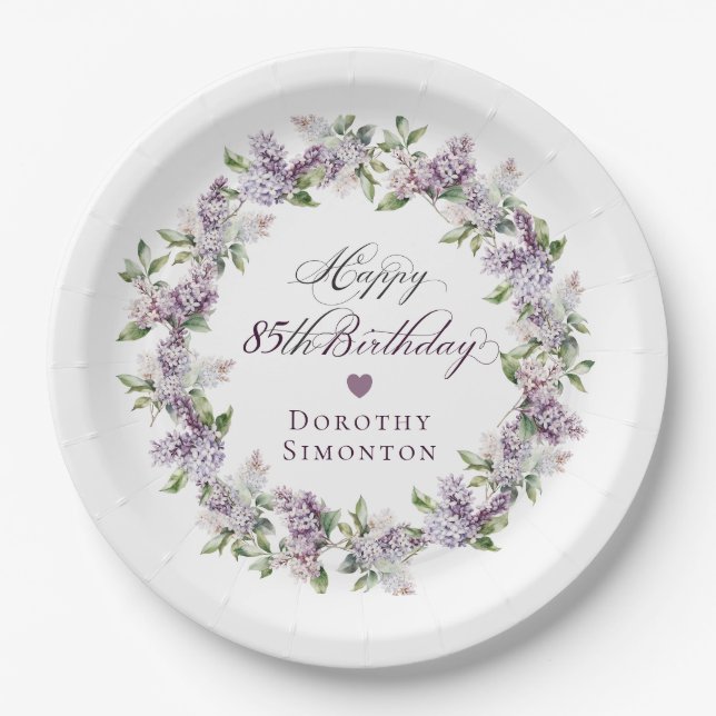 Custom 85th Birthday Purple Lilac Spring Flower Paper Plates (Front)