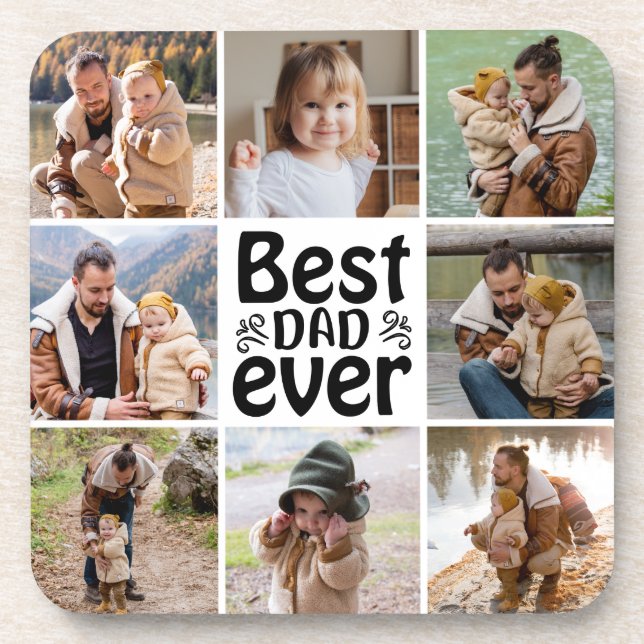 Custom 8 Photo Collage Best Dad Ever Hard Plastic Beverage Coaster (Front)
