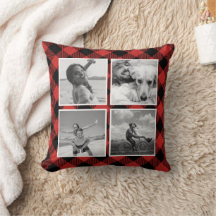 Custom 8 Photo Collage Buffalo Plaid Pattern Throw Pillow
