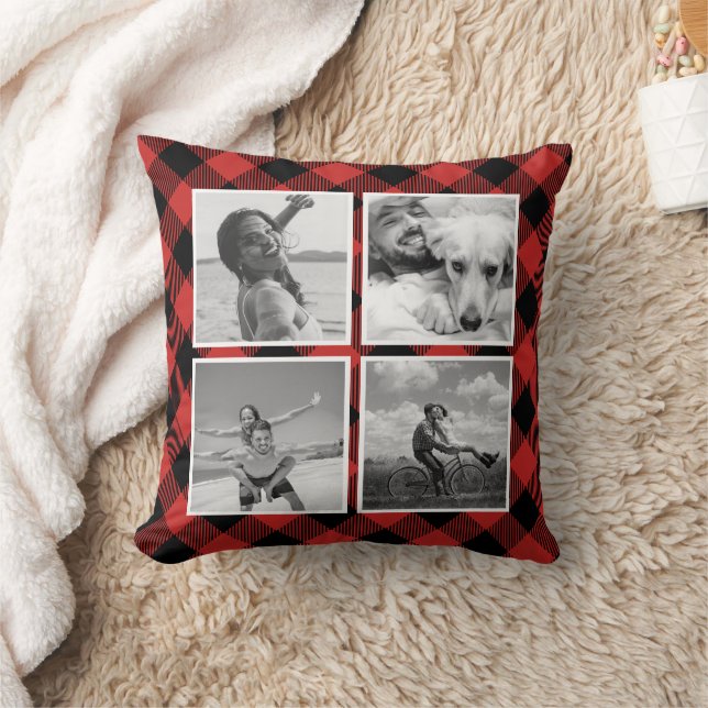Custom 8 Photo Collage Buffalo Plaid Pattern Throw Pillow (Blanket)