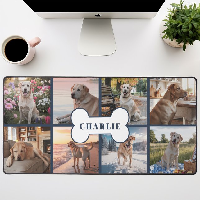 Custom 8 Photo Collage Dog Bone Pet Navy Desk Mat (Creator Uploaded)