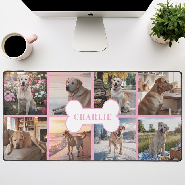 Custom 8 Photo Collage Dog Bone Pet Pink Desk Mat (Creator Uploaded)
