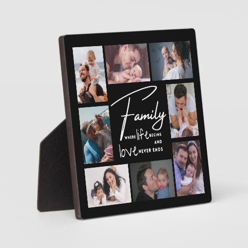 Custom 8 Photo Collage Family  Love Quote Black   Plaque