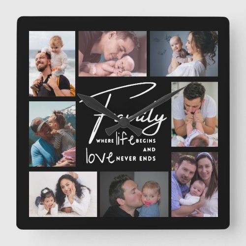 Custom 8 Photo Collage Family  Love Quote Black Square Wall Clock